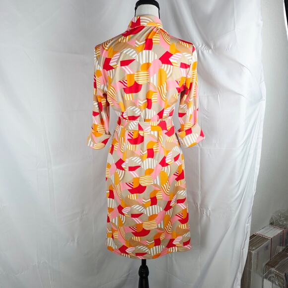 J.McLaughlin Shirt Dress Womens XS Multicolor Geometric Belted 3/4 Sleeve Retro - Picture 3 of 10